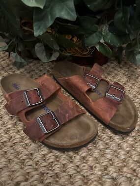 Birkenstock Brown Leather Double-Buckle Slide Sandals
